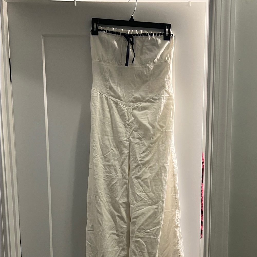 Hollister Cream Strapless Linen Maxi Dress with Navy Tie